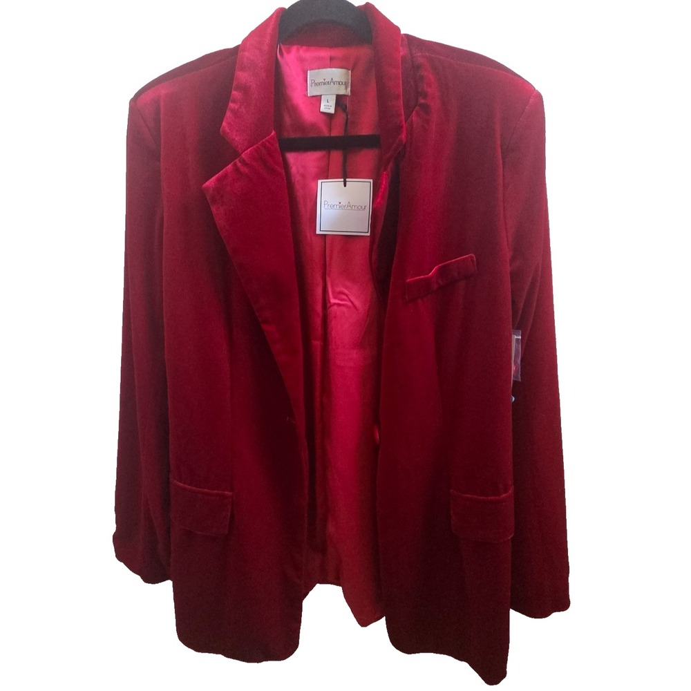 Premier Amour Red Velvet Blazer Womens L Stretch Fitted Holiday Jacket NWT